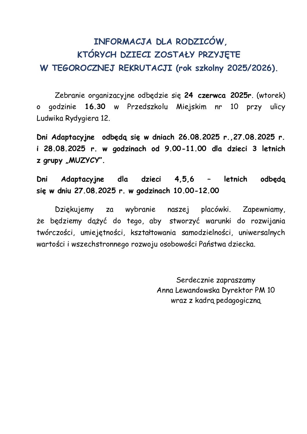 Informacja dla rodziców